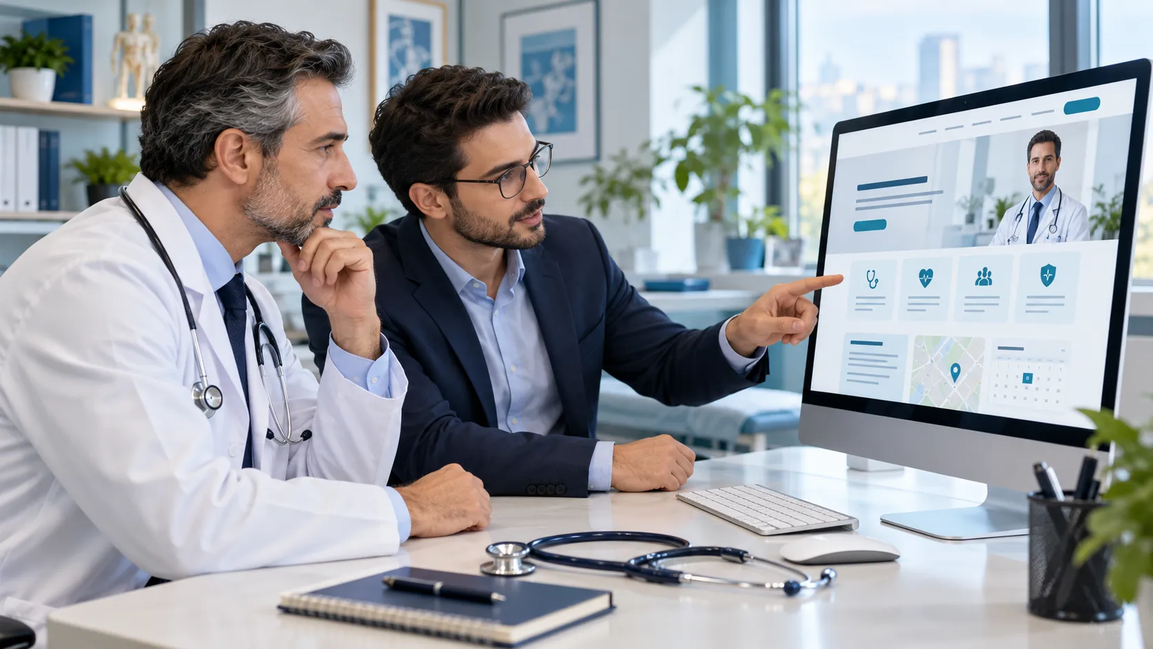 Physician and Consultant Reviewing Clinic Website optimized